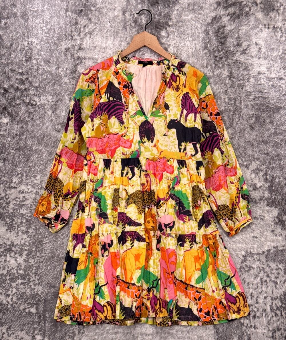 J Crew Dress XS Womens Ratti Safari Animal Print Tiered Popover Mini
